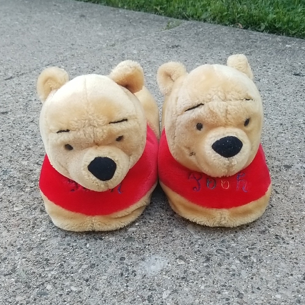 Used Winnie the Pooh Plush Slippers. Red and Tan